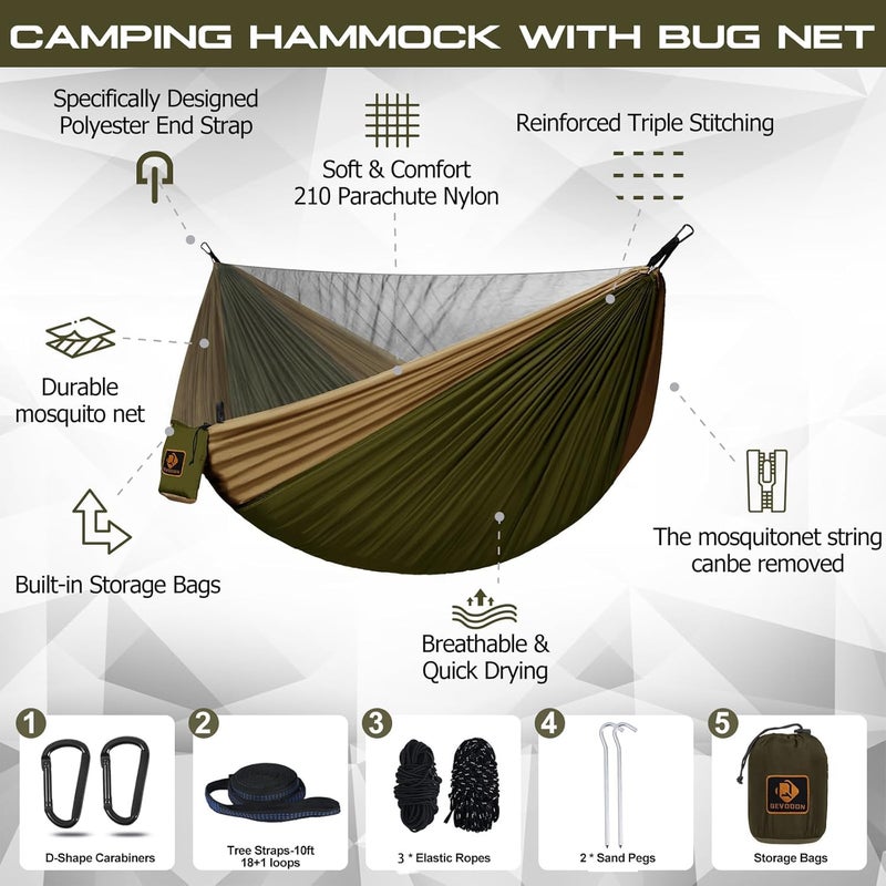 Qevooon Camping Hammock  Portable Hammocks with Mosquito Net Lightweight Nylon Parachute Hammock with 10ft Tree Straps Camping Gear Must Haves for Travel Hiking Backpacking Beach Patio-Green&Khaki - Image 2